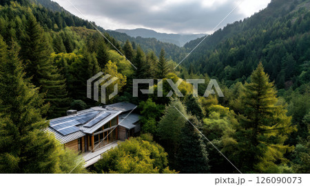 rustic wooden eco-friendly house with solar panels on the roof surrounded by green nature. Solar panels on a mountain cabin, surrounded by lush forest, showcasing sustainable living. 126090073