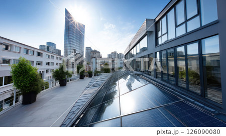 Solar panels on a modern rooftop city skyline. alternative energy source, energy saving, careful attitude to our planet Earth. Ecological energy renewable solar panel plant urban modern building 126090080