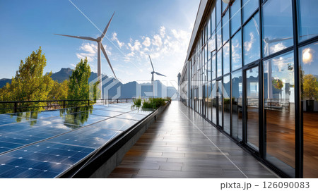 Solar panels on a modern rooftop city skyline. alternative energy source, energy saving, careful attitude to our planet Earth. Ecological energy renewable solar panel plant urban modern building 126090083