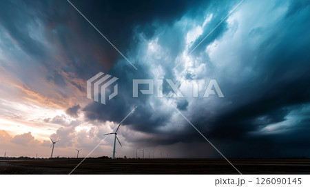 Dark shelf cloud preceding a severe thunderstorm at a wind turbine park. Beautiful thunderstorm black clouds and clouds hanging over the ground. 126090145
