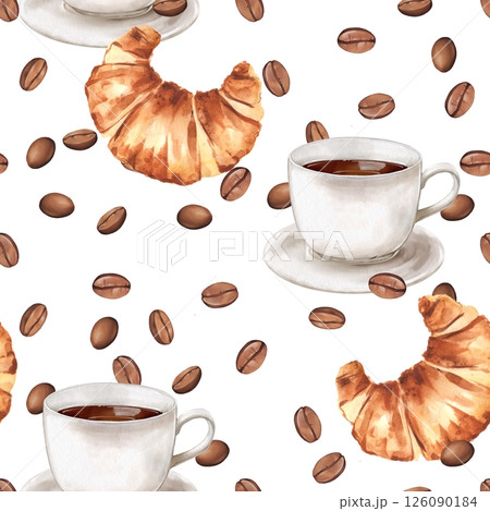 Seamless pattern of coffee with croissant and coffee beans. Watercolor illustration for pastry shop, coffee shop and cafe. Seamless pattern of coffee with croissant and coffee beans. Watercolor illustration for pastry shop, coffee shop and cafe. 126090184