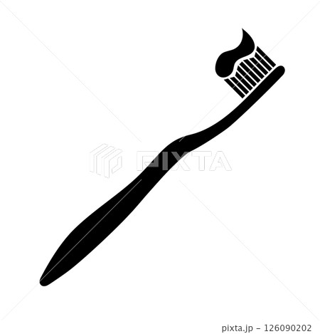 Toothbrush with Toothpaste Silhouette Vector Illustration. A black and white silhouette vector illustration of a toothbrush with a blob of toothpaste on the bristles. 126090202