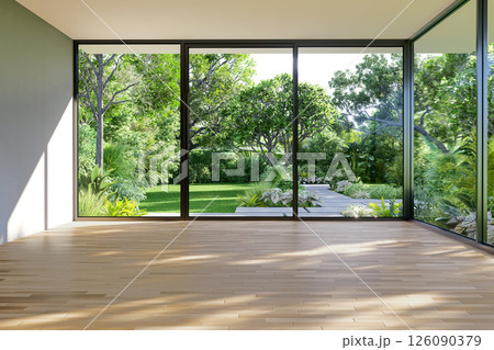 Modern contemporary style empty room with tropical green garden background 3d render 126090379