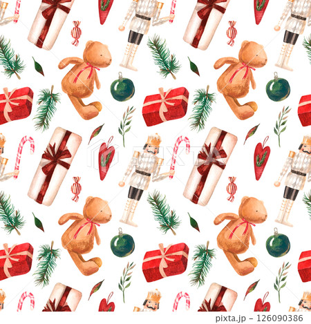 Watercolor hand drawn seamless pattern with teddy bears, Nutcracker and gifts 126090386