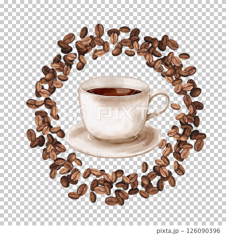 Coffee in white cup. Hand-drawn wreath or round frame of roasted beans. Illustration on white background 126090396