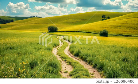 Curly clouds float over the green meadow. Fluffy white clouds cast a soft shadow on the green meadow through which a winding dirt road runs. Curly clouds float over the green meadow. Fluffy white clouds cast a soft shadow on the green meadow through which a winding dirt road runs. 126090400