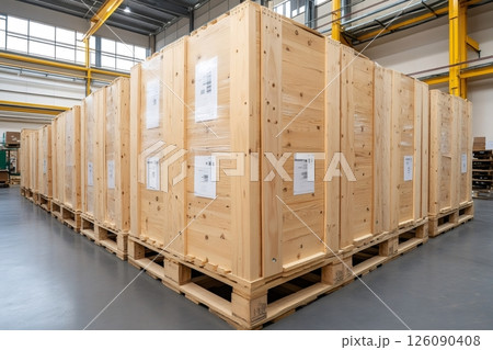 Large wooden crates standing on pallets in warehouse 126090408