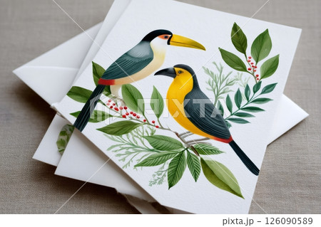 Greeting card featuring two colorful toucans perched on a branch 126090589