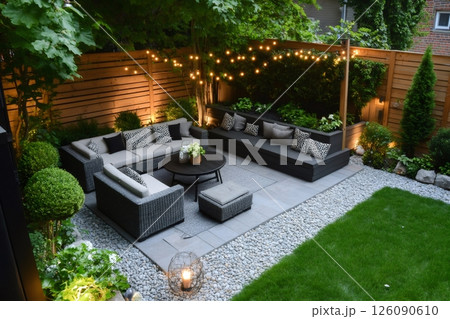 Comfortable seating area illuminating a beautiful backyard garden at dusk 126090610