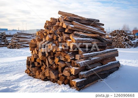 Stack of firewood covered with snow during winter in the lumberyard 126090668