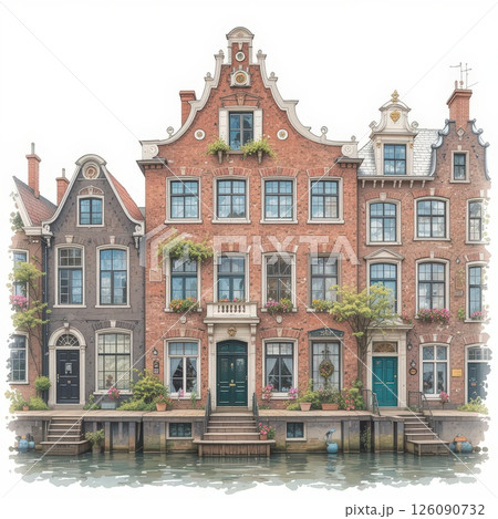 Beautiful Historic Houses Along a Tranquil Canal in a Charming Seaside Town 126090732