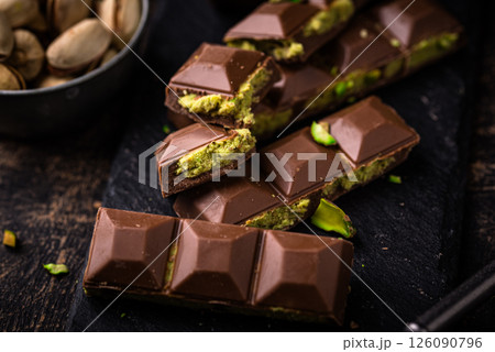Dubai chocolate with kadayif pistachio filling 126090796