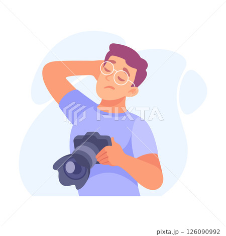 A Young Photographer is Posing with a Camera in a Unique and Creative Style while Smiling 126090992