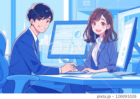 打ち合わせの途中で顔を上げたスーツのビジネスパーソン男女_イラスト4 126091026