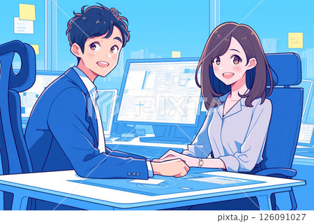 打ち合わせの途中で顔を上げたスーツのビジネスパーソン男女_イラスト1 126091027