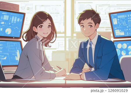 打ち合わせの途中で顔を上げたスーツのビジネスパーソン男女_イラスト3 126091029