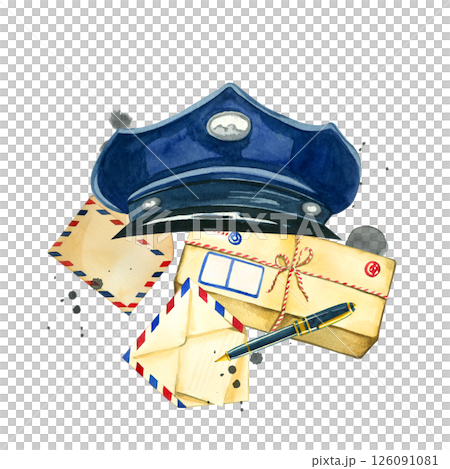 Watercolor composition for the Post Day, a signature postman's cap, letters and parcels in yellow wrapping, a pen for writing. All objects are hand-drawn with watercolors. Suitable for printing. 126091081