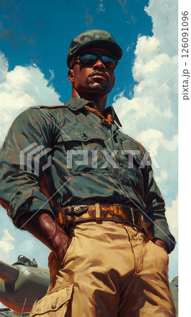 Retro advertising poster shows Afroamerican man in tanker gear and boots posing with grit and confidence in front of a tank, styled with military pride and bold vintage flair 126091096