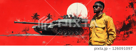 Empowering vintage-inspired image of Afroamerican soldier in full uniform by a modern tank, radiating strength, style, and national pride in classic pin-up poster fashion, banner 126091097