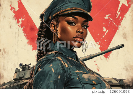 Full-length Afroamerican female tanker in uniform stands proud before a modern tank, styled in muted tones with bold and patriotic pin-up flair 126091098