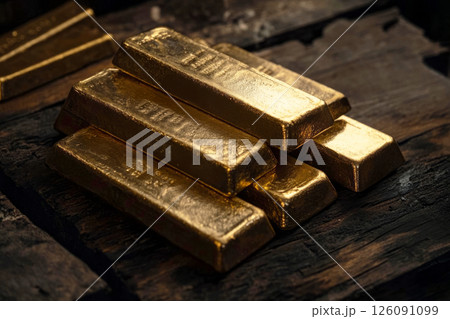 Neatly stacked gold bars on dark wood surface with soft glow and shadow, ideal for finance, wealth, and product photography themes 126091099