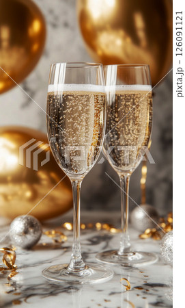 A festive scene featuring bubbly wine in crystal glasses, a marble table, and gold balloons with metallic streamers, exuding a modern, stylish, and jubilant party vibe 126091121