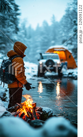 A camper warms hands by fire next to rugged 4x4 in snowy valley, tent pitched and wind howling, capturing raw survival and warmth in a winter overlanding scene 126091122