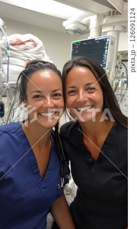 Nurse and patient connect in a warm recovery room, sharing a smile and grateful exchange, highlighting care, healing, and emotional support after treatment 126091124