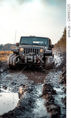 Off-road truck stuck in thick mud, winch engaged, battling rough terrain in a high-stakes off-road challenge 126091125