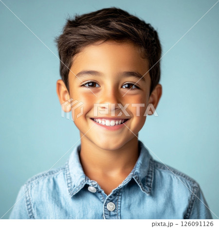 A lively Hispanic boy, smiling with positivity, on a solid pastel backdrop, ideal for advertising and marketing purposes 126091126