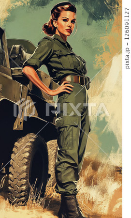Full-length female soldier in infantry gear poses in front of a combat vehicle, styled as a bold 1950s pin-up poster with patriotic flair 126091127