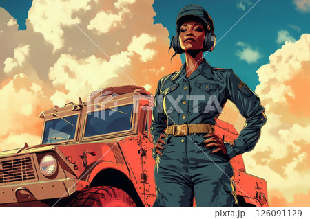 Full-length Afroamerican female troop in infantry gear stands proud before a combat vehicle in bold 1950s pin-up style 126091129