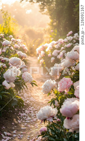 Soft pink and white peony bloom at dawn light a calm path, ideal for floral, garden, or peaceful nature content Soft pink and white peony bloom at dawn light a calm path, ideal for floral, garden, or peaceful nature content 126091167