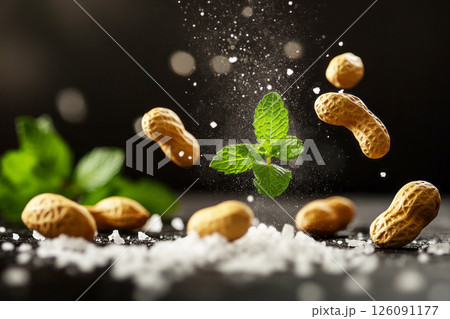 Organic peanuts floating in midair, accented by salt particles and fresh basil leaves, captured in soft bokeh lighting against a dark background, creating a luxurious, gourmet atmosphere 126091177