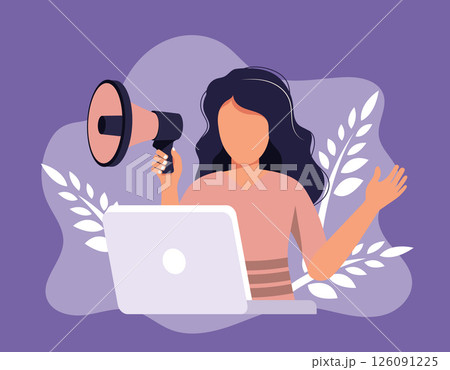 Digital marketing concept. Advertising and promoting. Flat vector illustration. Online marketing specialist. Female character	 126091225