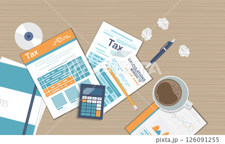 Tax payment concept. State Government taxation, calculation of tax return. Tax form with paper documents, forms, calendar, laptop, calculator. Pay the bills, invoices, payrolls. Vector illustration. Tax payment concept. State Government taxation, calculation of tax return. Tax form with paper documents, forms, calendar, laptop, calculator. Pay the bills, invoices, payrolls. Vector illustration. 126091255