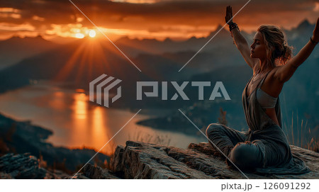 Woman practicing yoga at sunrise on a mountain cliff overlooking a peaceful lake and majestic landscape 126091292