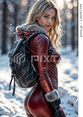 Portrait of a girl in a cherry-colored leather jumpsuit 126091399