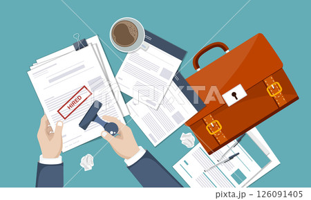 CV papers on desk with documents and magnifying glass. Human resources, hiring new employees concept. Papers with hired stamp. Flat vector design. CV papers on desk with documents and magnifying glass. Human resources, hiring new employees concept. Papers with hired stamp. Flat vector design. 126091405