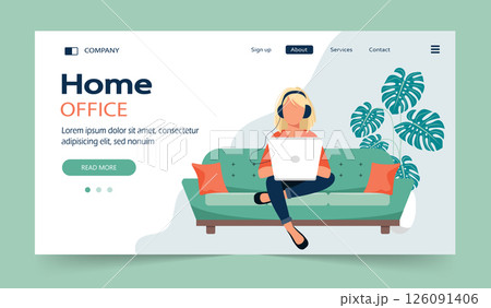 Home office concept, woman working from home, student or freelancer. Vector illustration in flat style	 126091406