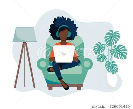 Home office concept, woman working from home, student or freelancer. Vector illustration in flat style Home office concept, woman working from home, student or freelancer. Vector illustration in flat style 126091430