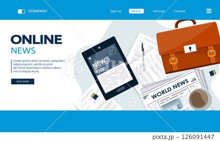 Vector illustration. Flat header. Online news. Newsletter and information. Business and market news. Financial report and coffee on table Vector illustration. Flat header. Online news. Newsletter and information. Business and market news. Financial report and coffee on table 126091447