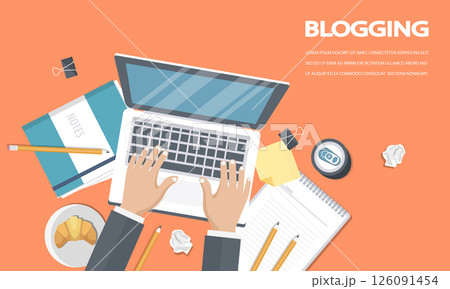 Blogging and journalism concept. Write you story. Flat vector design Blogging and journalism concept. Write you story. Flat vector design 126091454