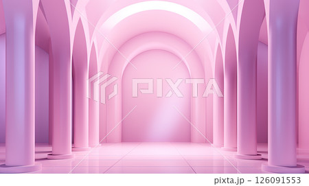 Abstract pink room with arch. Surreal architectural abstraction in pastel colors. Generated AI. 126091553