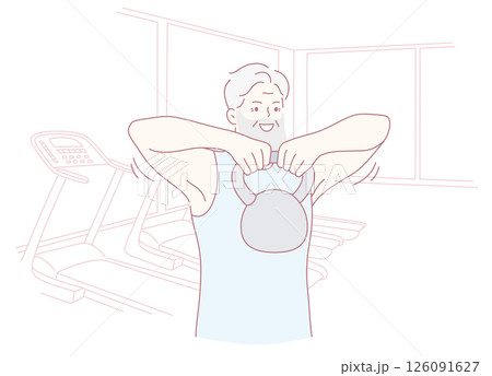 An Elderly Man Actively Exercising with a Kettlebell at His Favorite Gymnasium Facility An Elderly Man Actively Exercising with a Kettlebell at His Favorite Gymnasium Facility 126091627
