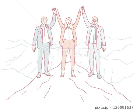 A Triumphant Team Joyfully Celebrating Their Remarkable Success atop a Mountain Peak 126091637