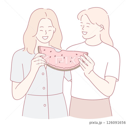 A group of friends happily sharing a refreshing watermelon slice during a sunny picnic A group of friends happily sharing a refreshing watermelon slice during a sunny picnic 126091656