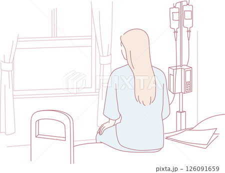 A young woman sits in a hospital room, reflecting by the window on her health journey A young woman sits in a hospital room, reflecting by the window on her health journey 126091659