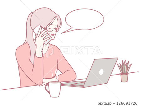 A woman talks on the phone, works on her laptop, and enjoys coffee in a cozy setting 126091726
