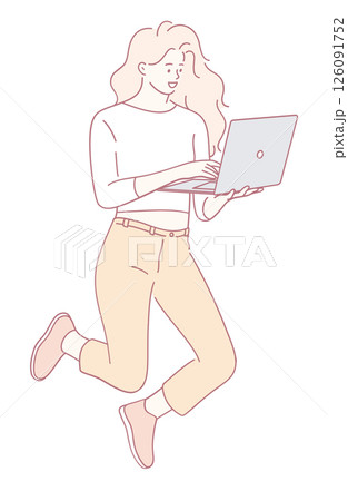 An enthusiastic woman joyfully using her laptop while happily jumping in the air 126091752